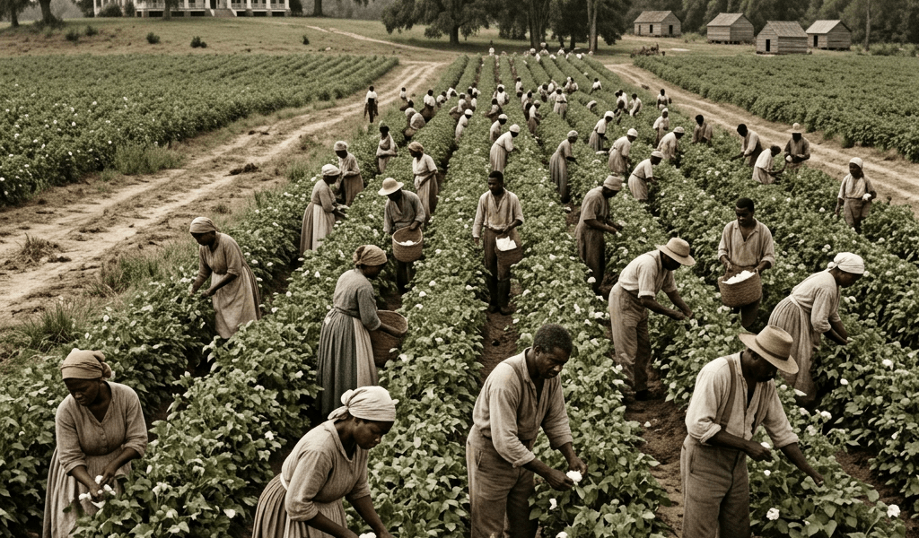 Group of workers harvesting cotton in a large field with plantation house and cabins in background