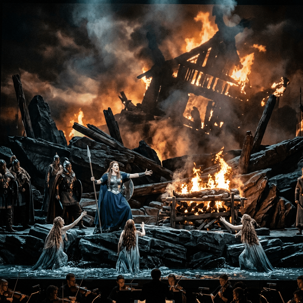 Opera performers in medieval costumes on stage with a large burning structure and fire pit