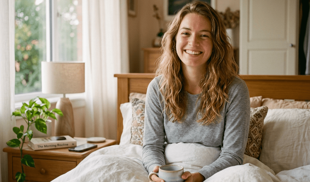Woman sitting in bed holding a cup, smiling in a sunlit bedroom