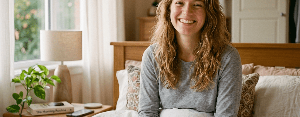 Woman sitting in bed holding a cup, smiling in a sunlit bedroom