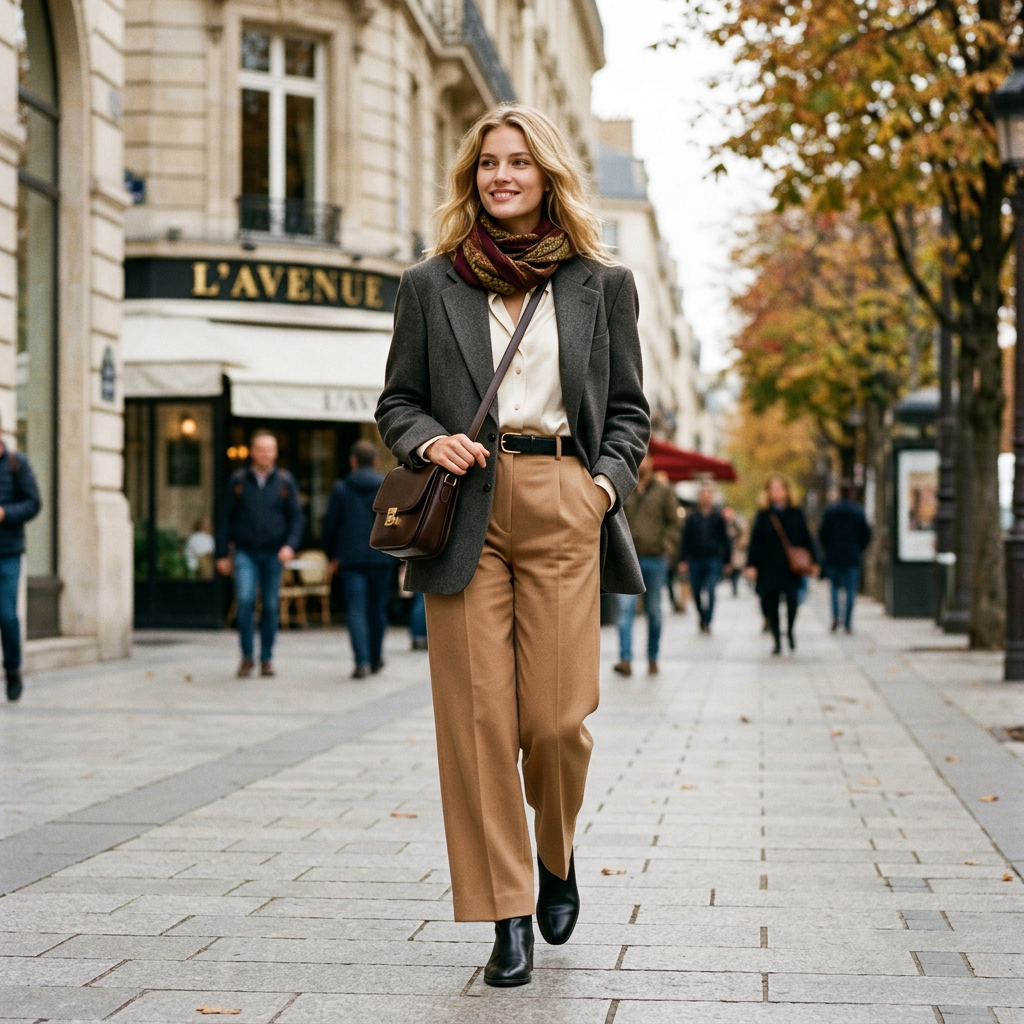 Woman walking on a city street wearing a gray blazer, tan trousers, black boots, and a patterned scarf