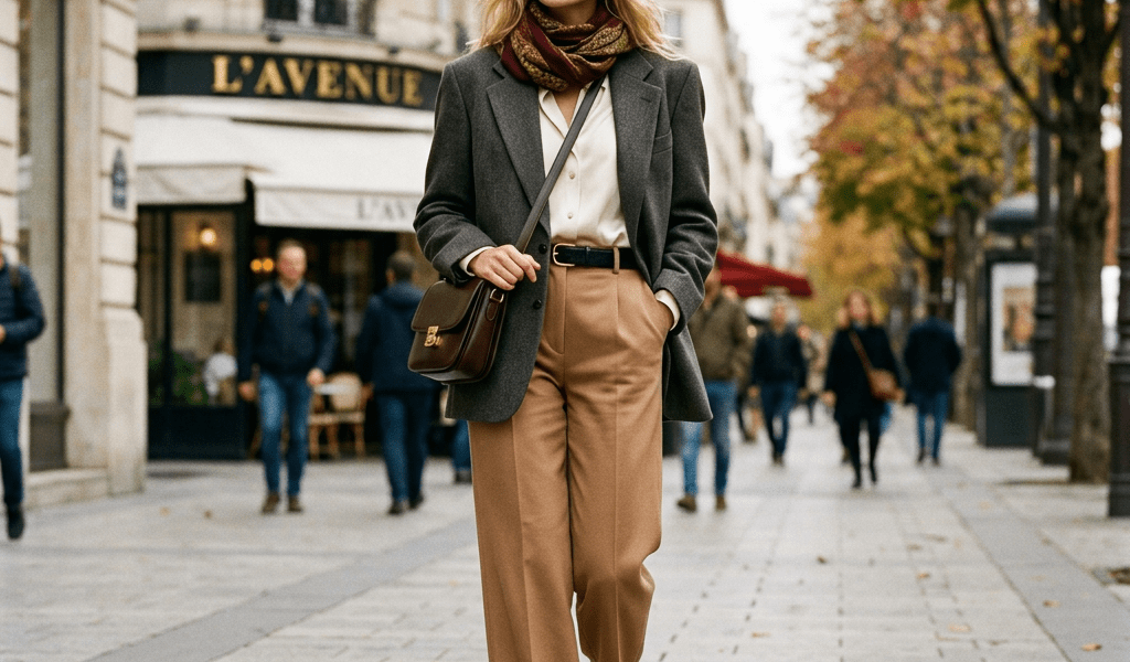 Woman walking on a city street wearing a gray blazer, tan trousers, black boots, and a patterned scarf