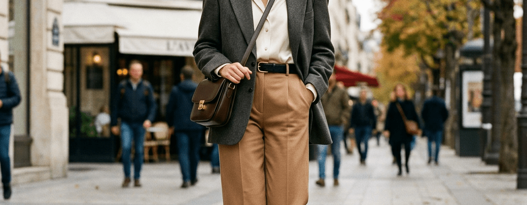 Woman walking on a city street wearing a gray blazer, tan trousers, black boots, and a patterned scarf