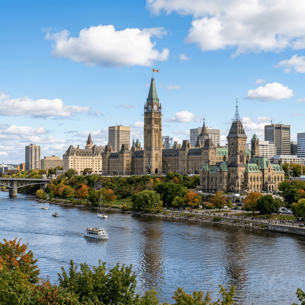 Parliament Hill buildings with Peace Tower, river in foreground with boats, autumn trees