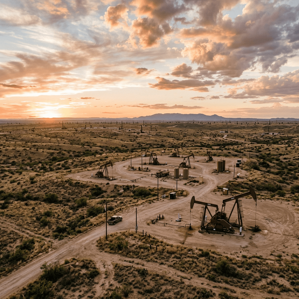 Desert landscape with multiple oil pumpjacks and dirt roads at sunset