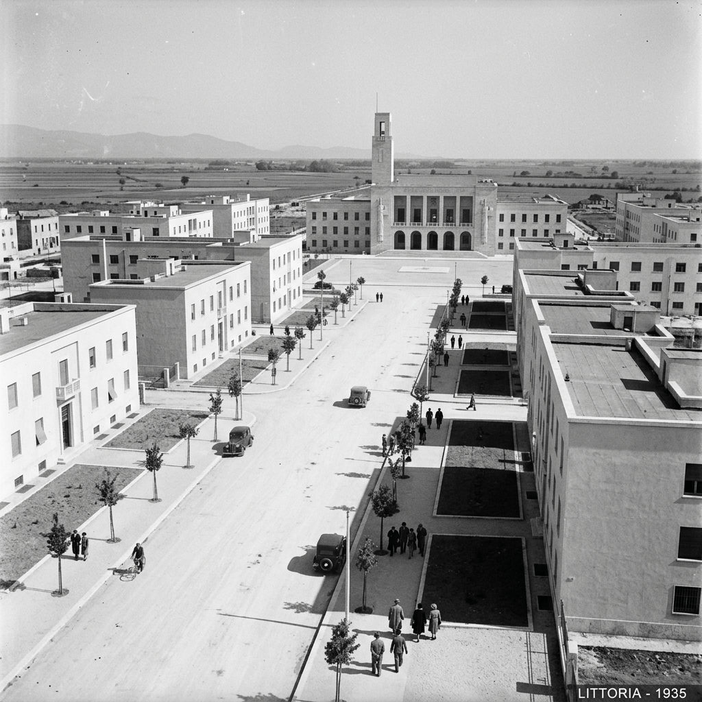 Aerial black and white photo of Littoria town center in 1935 with symmetrical buildings and a central street