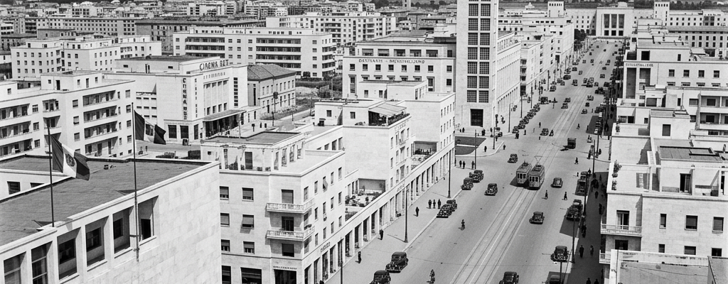 Futuristic 1930s Littoria city with rationalist architecture