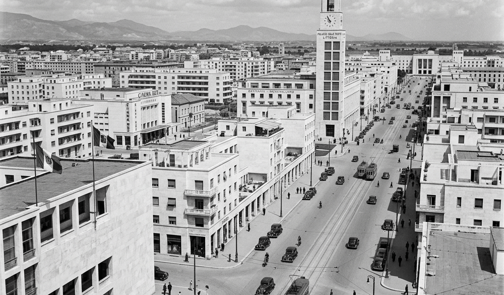 Futuristic 1930s Littoria city with rationalist architecture