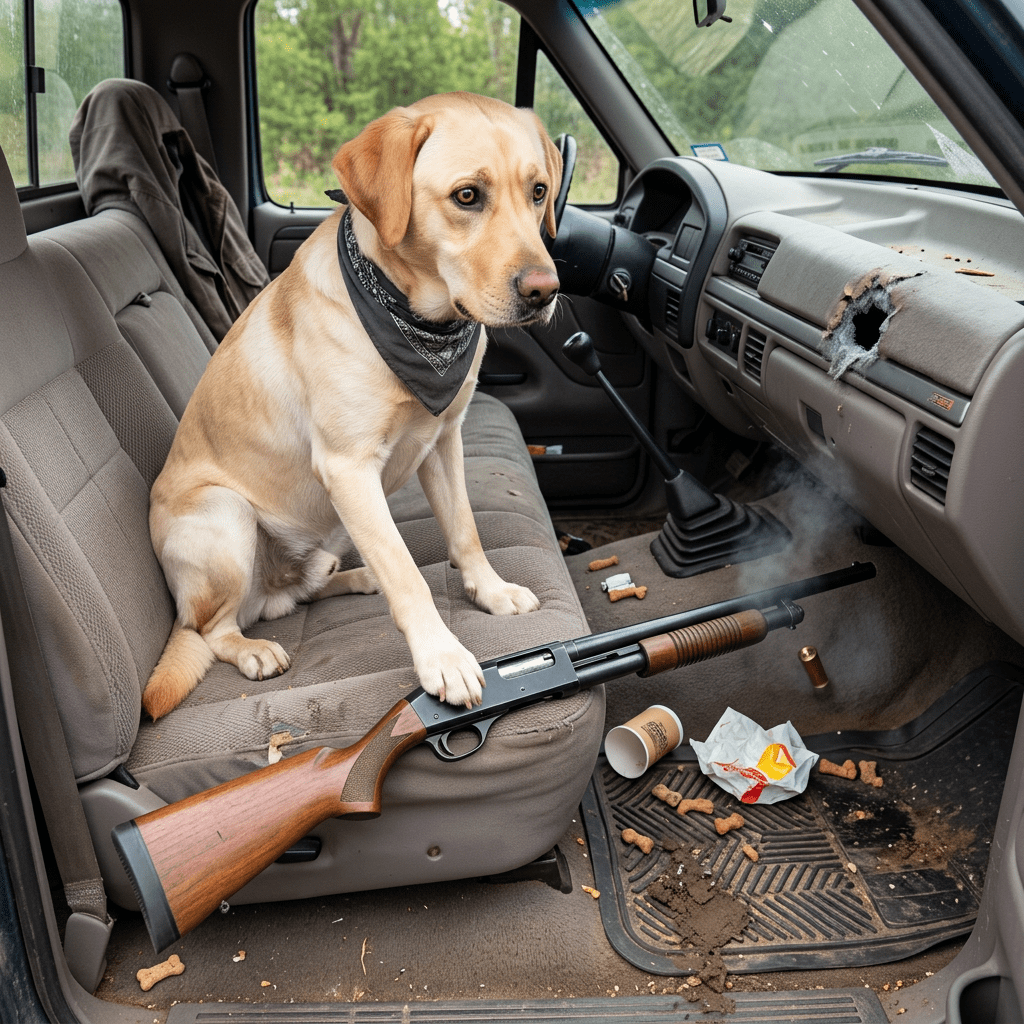 Labrador retriever wearing a black bandana sitting on a dirty truck seat with one paw on a smoking shotgun and a bullet hole in the dashboard