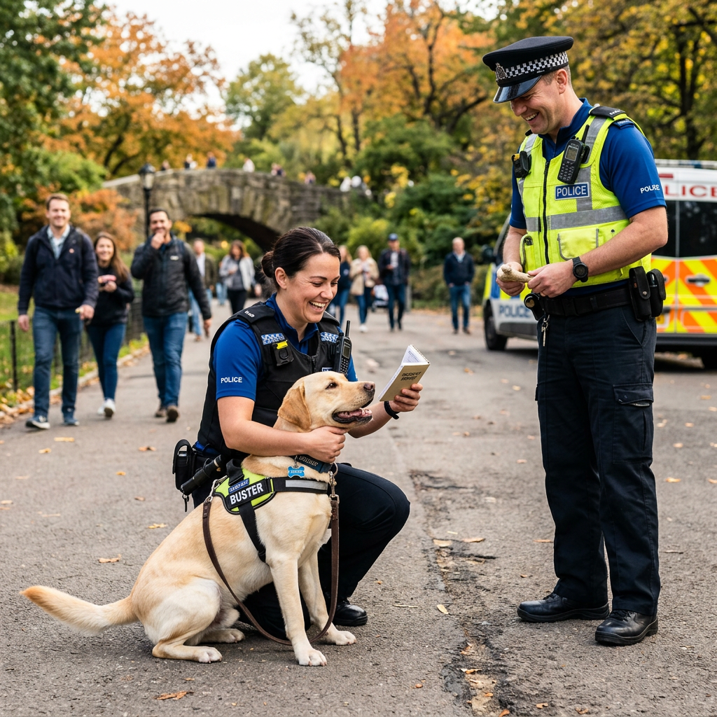 Police arresting a Labrador dog
