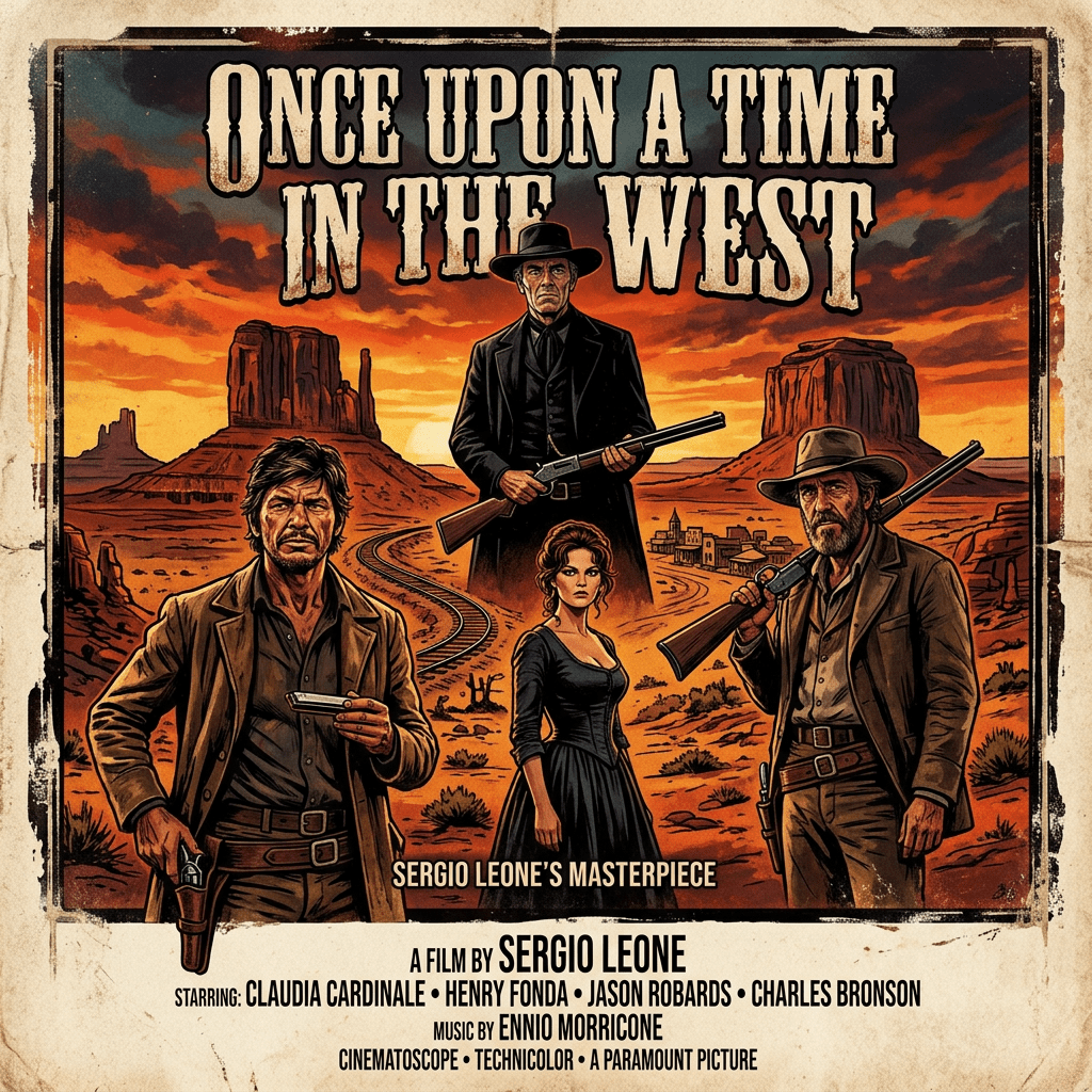 Illustrated poster showing four main characters with guns in a desert landscape, titled 'Once Upon a Time in the West'