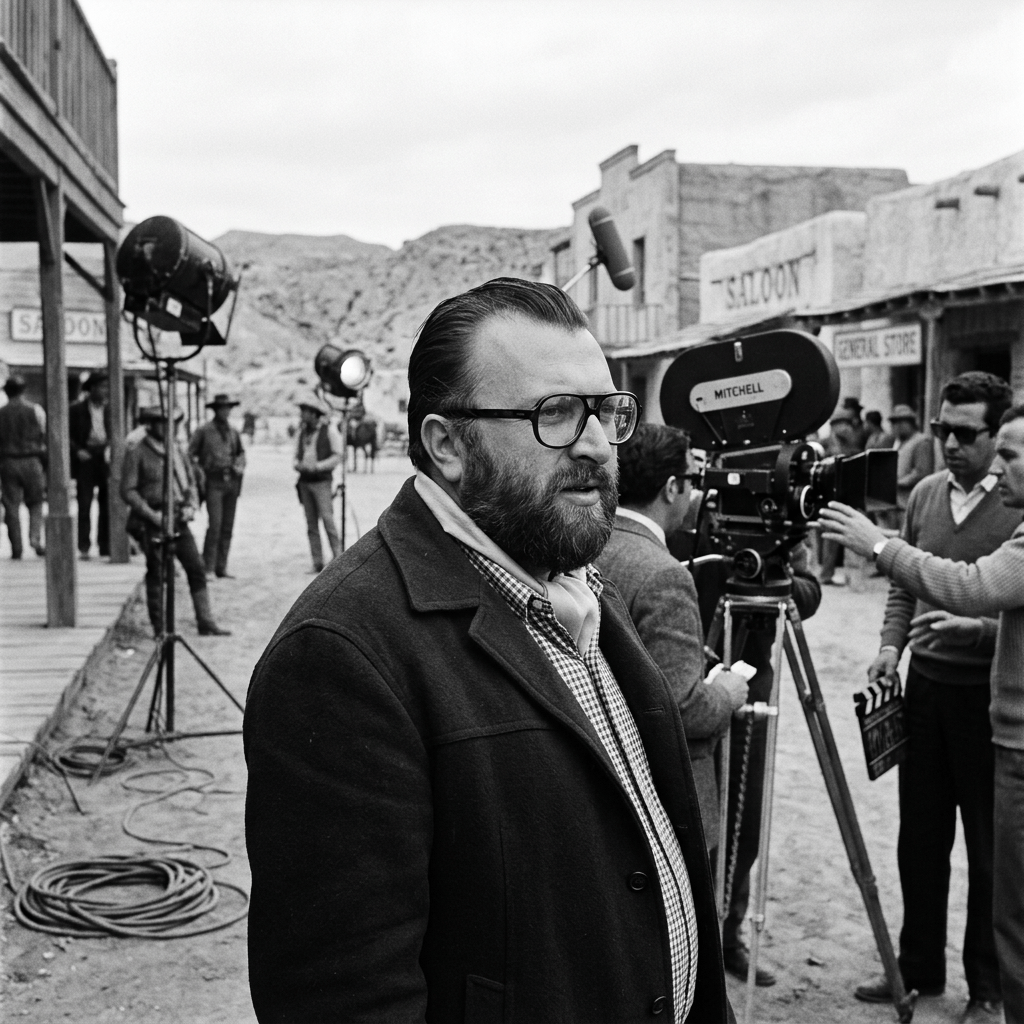 Bearded man wearing glasses and scarf on a Western movie set with film crew and camera