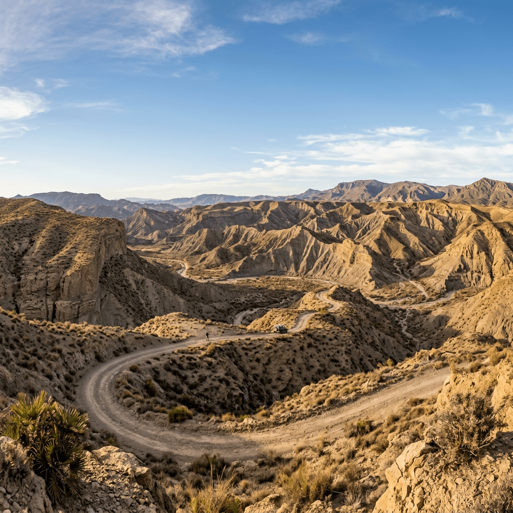 Curving dirt trail in arid mountainous desert terrain under clear sky