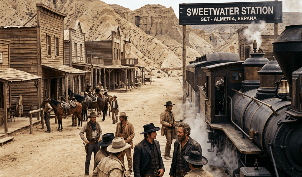 Group of actors in cowboy attire standing near steam train at Sweetwater Station film set in desert
