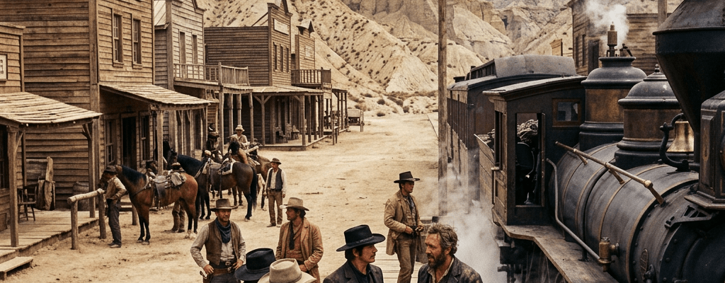 Group of actors in cowboy attire standing near steam train at Sweetwater Station film set in desert