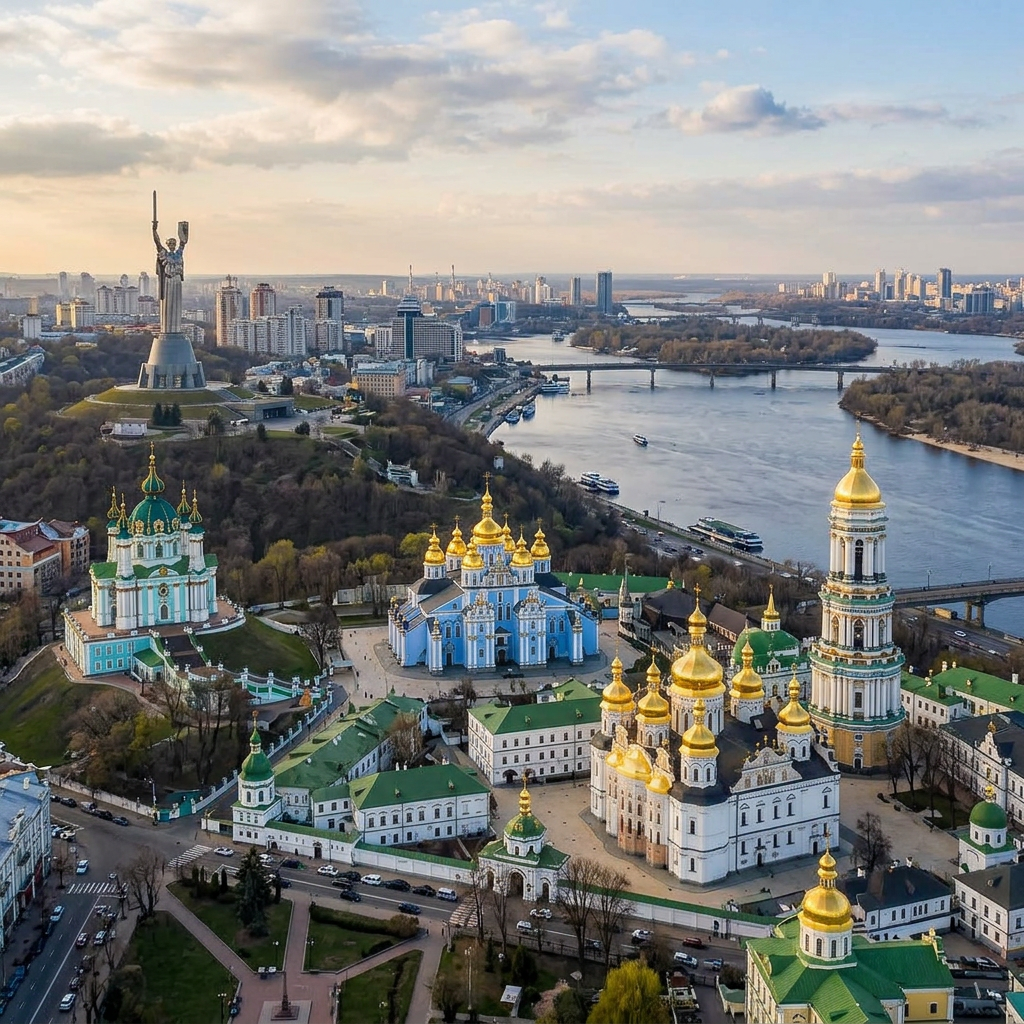 Aerial view of Kyiv with golden-domed churches, the Dnipro River, and the Motherland Monument on a hill