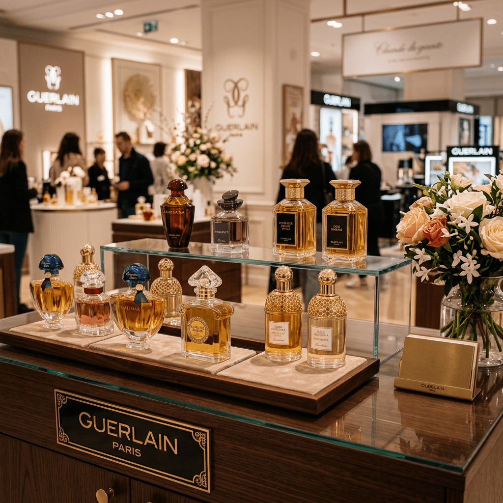 Various luxury Guerlain perfume bottles displayed on a glass and wooden counter with a flower arrangement nearby