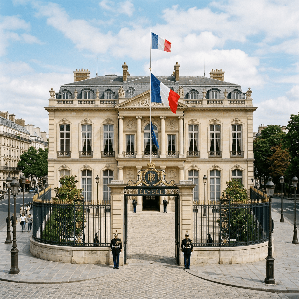 Élysée Palace with French and European Union flags and guards at entrance gate