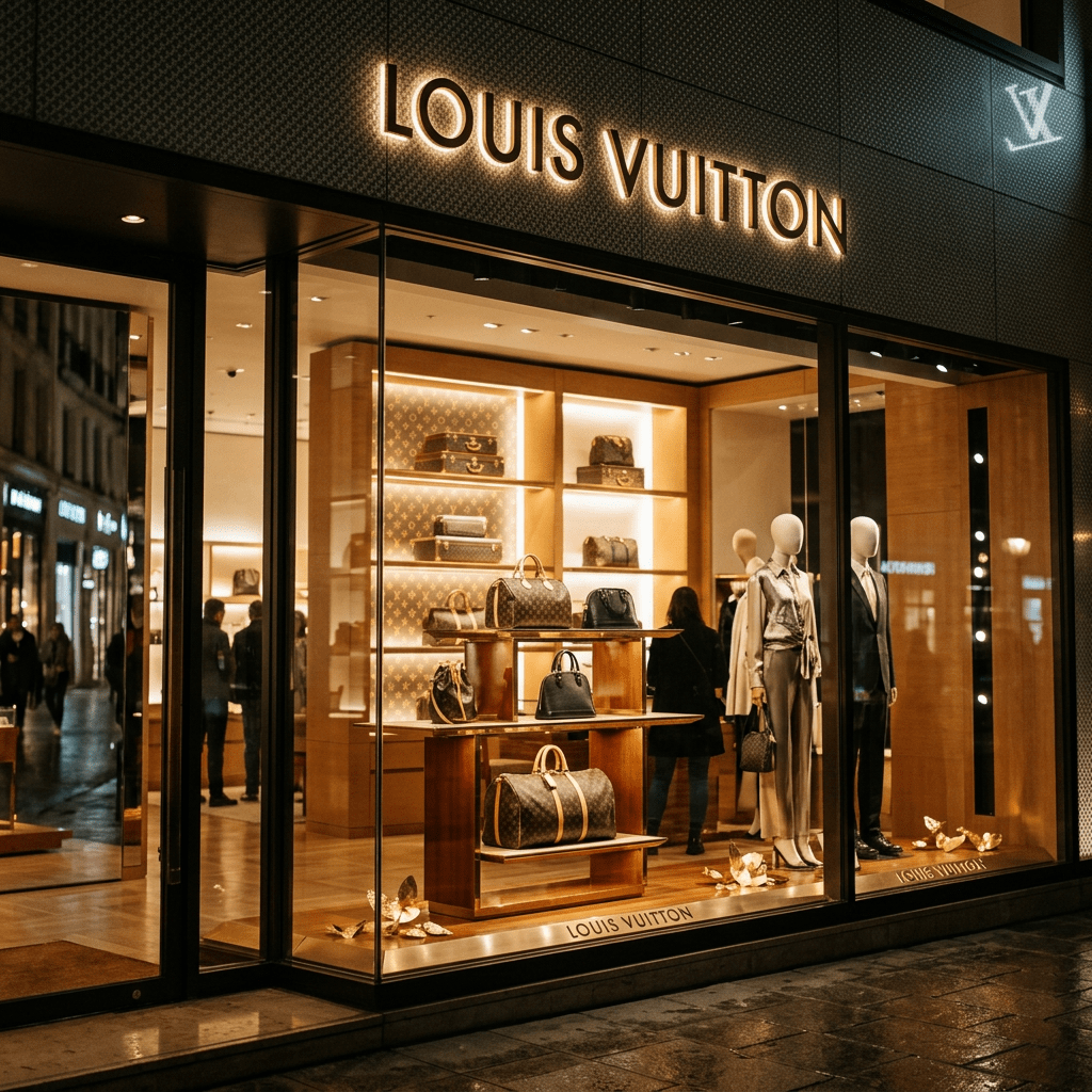Louis Vuitton store window with designer handbags and mannequins wearing fashionable clothing