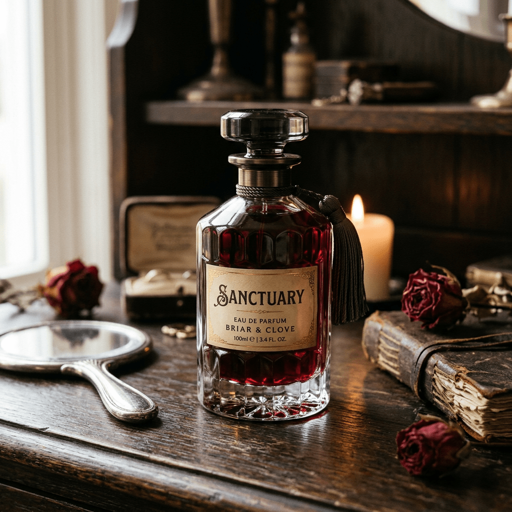 A glass bottle of Sanctuary Briar & Clove Eau de Parfum on a wooden surface with dried roses, a candle, an old mirror, and aged books.