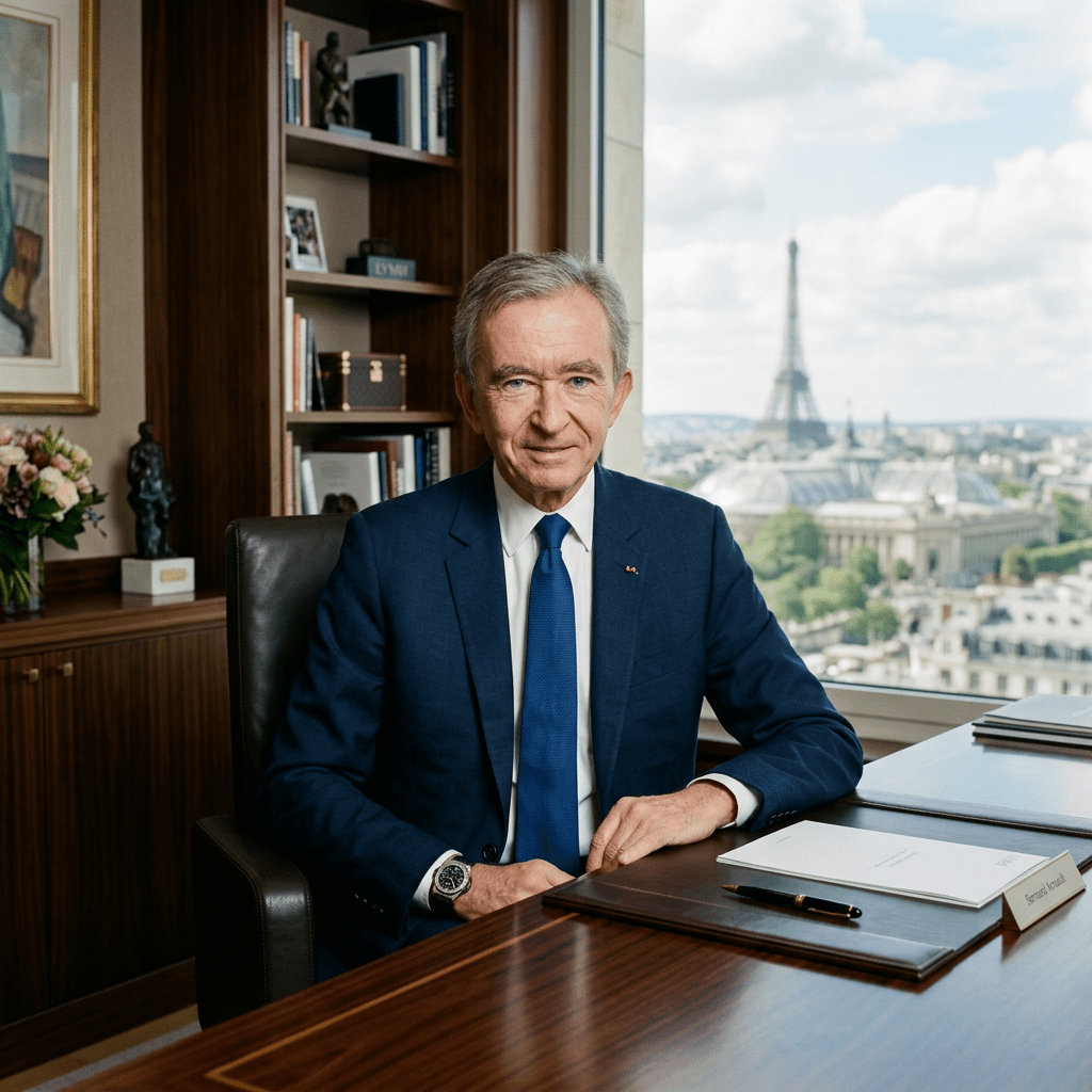 Senior man in blue suit seated at desk with Eiffel Tower visible through window