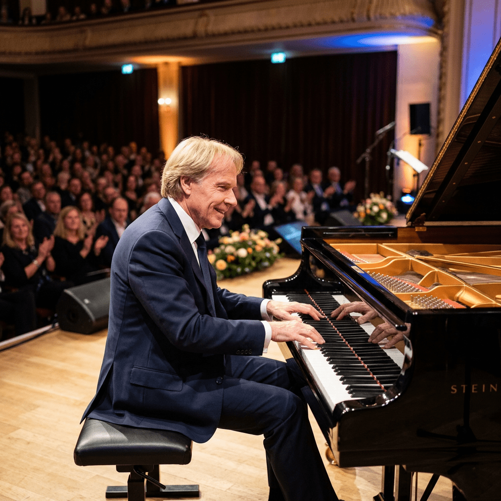 Pianist playing a Steinway grand piano on stage with an engaged audience applauding.