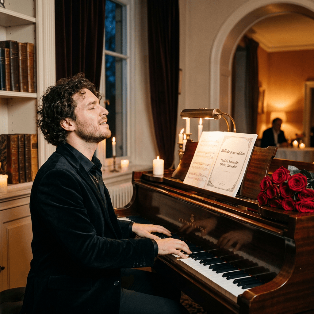 Man playing piano with sheet music and red roses on top, candles lit around.