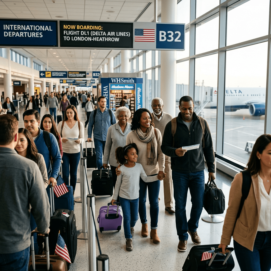 People standing in line at airport gate B32 for international flight to London Heathrow