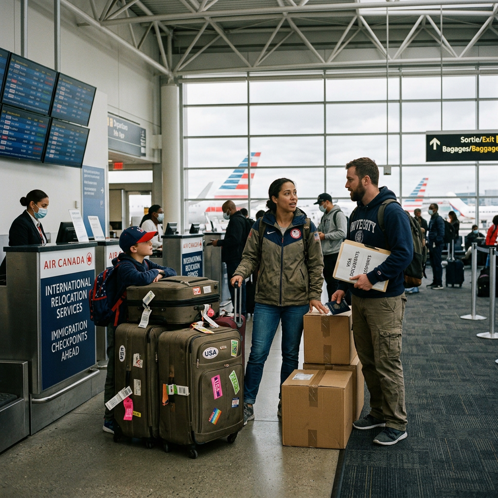 Americans emigrating abroad with suitcases at airport