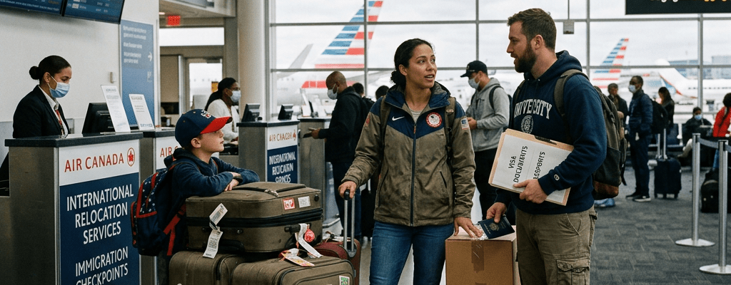 Americans emigrating abroad with suitcases at airport
