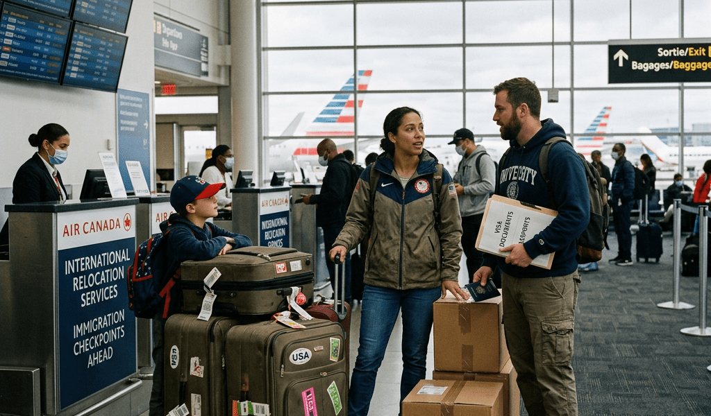 Americans emigrating abroad with suitcases at airport