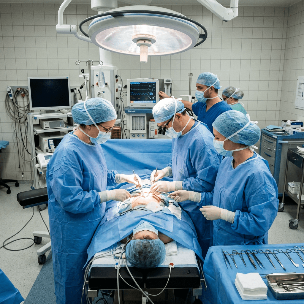 Surgical team wearing blue scrubs and masks operating on a patient under bright overhead light