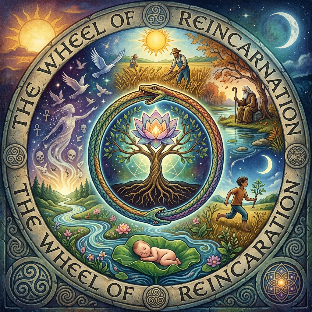 Circular symbolic artwork depicting reincarnation with a sleeping baby, a tree within a serpent biting its tail, a child running with a plant, farmers harvesting, an elderly man by water, and spiritual elements under sun and moon