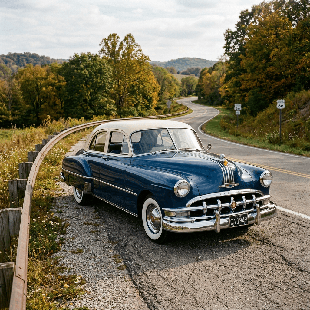 Classic 1949 blue and white Pontiac car parked on shoulder of Route 66 with fall trees