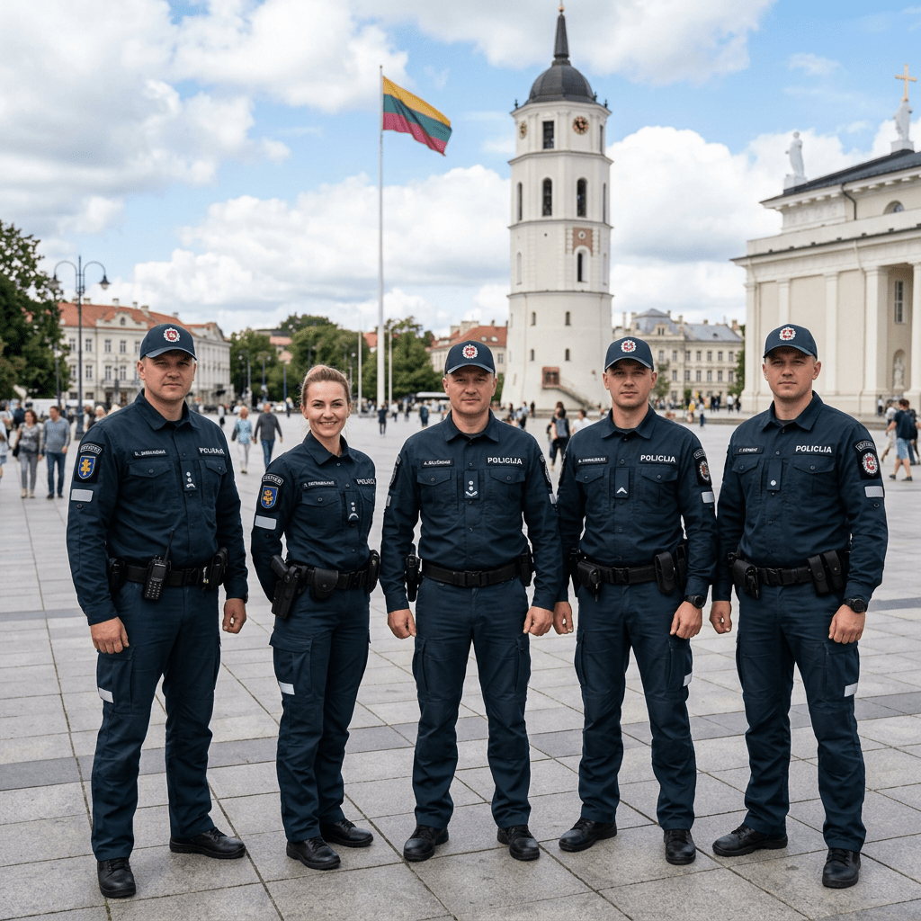Group of five Lithuanian police officers standing in public square with bell tower and flag
