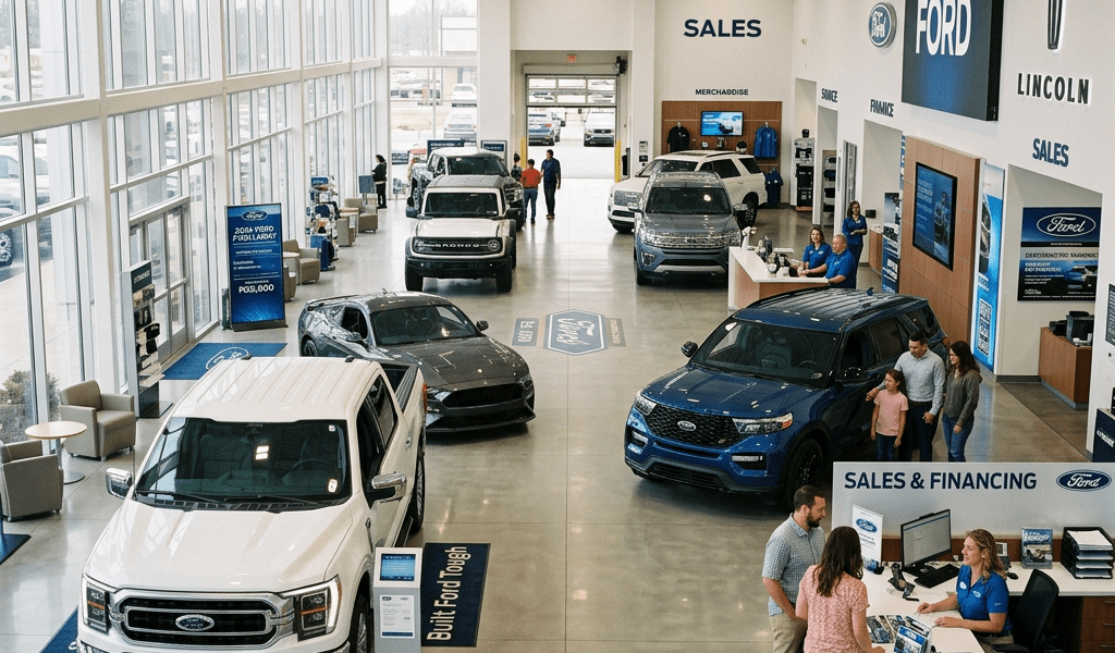 Ford dealership showroom with cars displayed and salespeople assisting customers