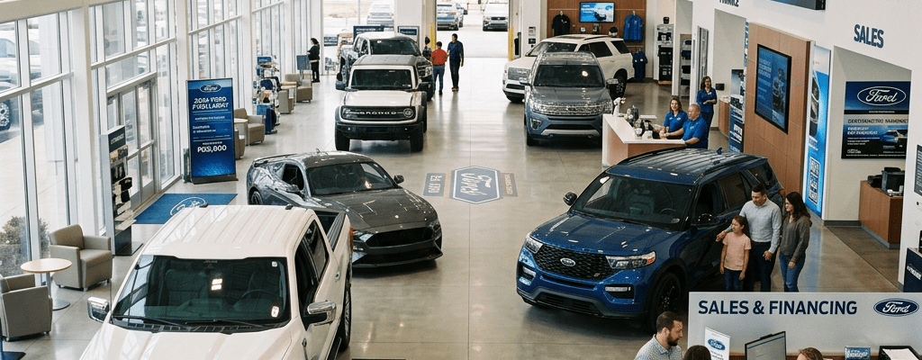 Ford dealership showroom with cars displayed and salespeople assisting customers