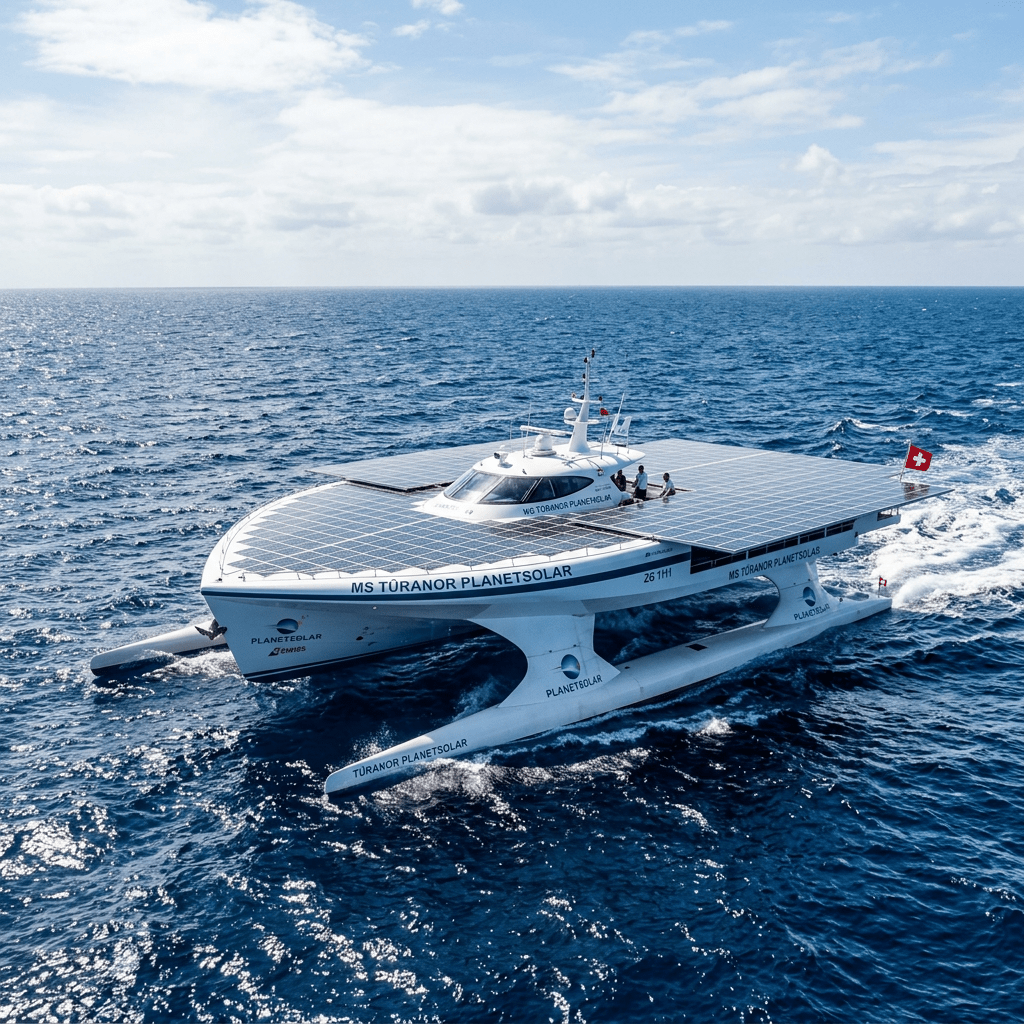 Solar-powered trimaran MS Tûranor PlanetSolar sailing on the ocean with crew on deck
