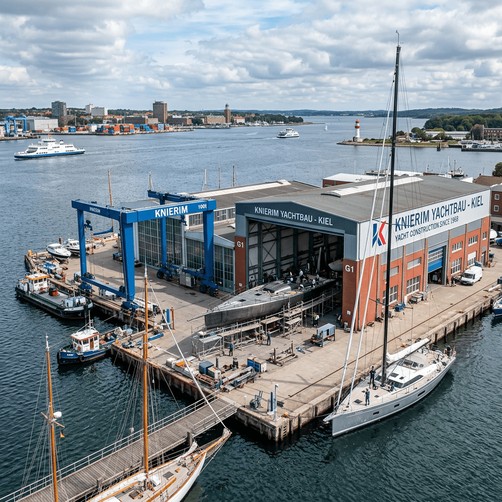 Knierim Yachtbau shipyard with yachts docked and workers