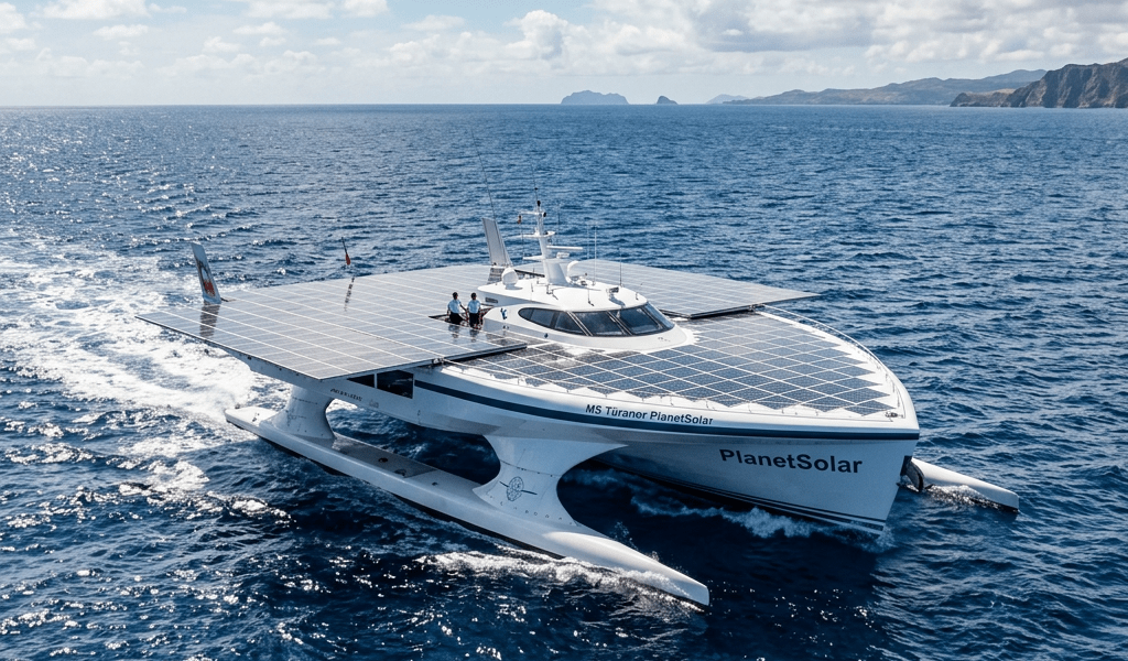 Solar-powered yacht PlanetSolar cruising on the ocean near a distant island under a partly cloudy sky