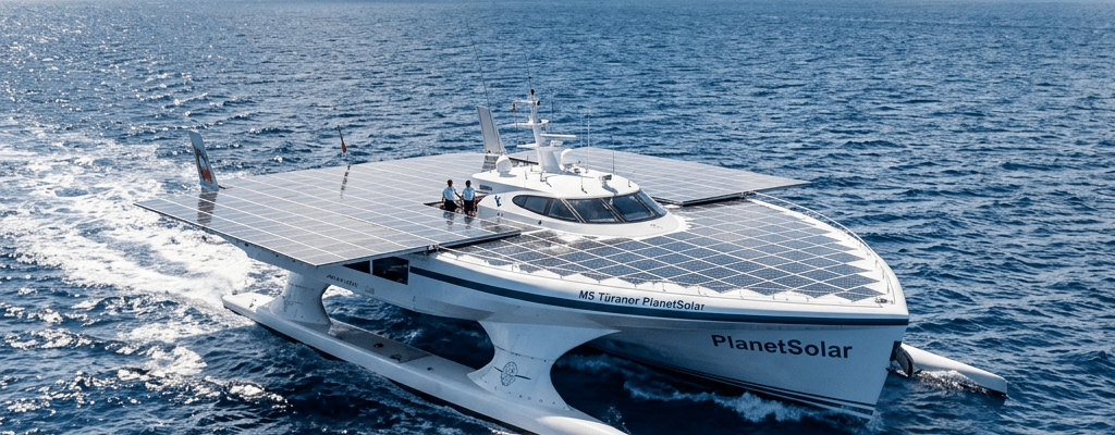 Solar-powered yacht PlanetSolar cruising on the ocean near a distant island under a partly cloudy sky
