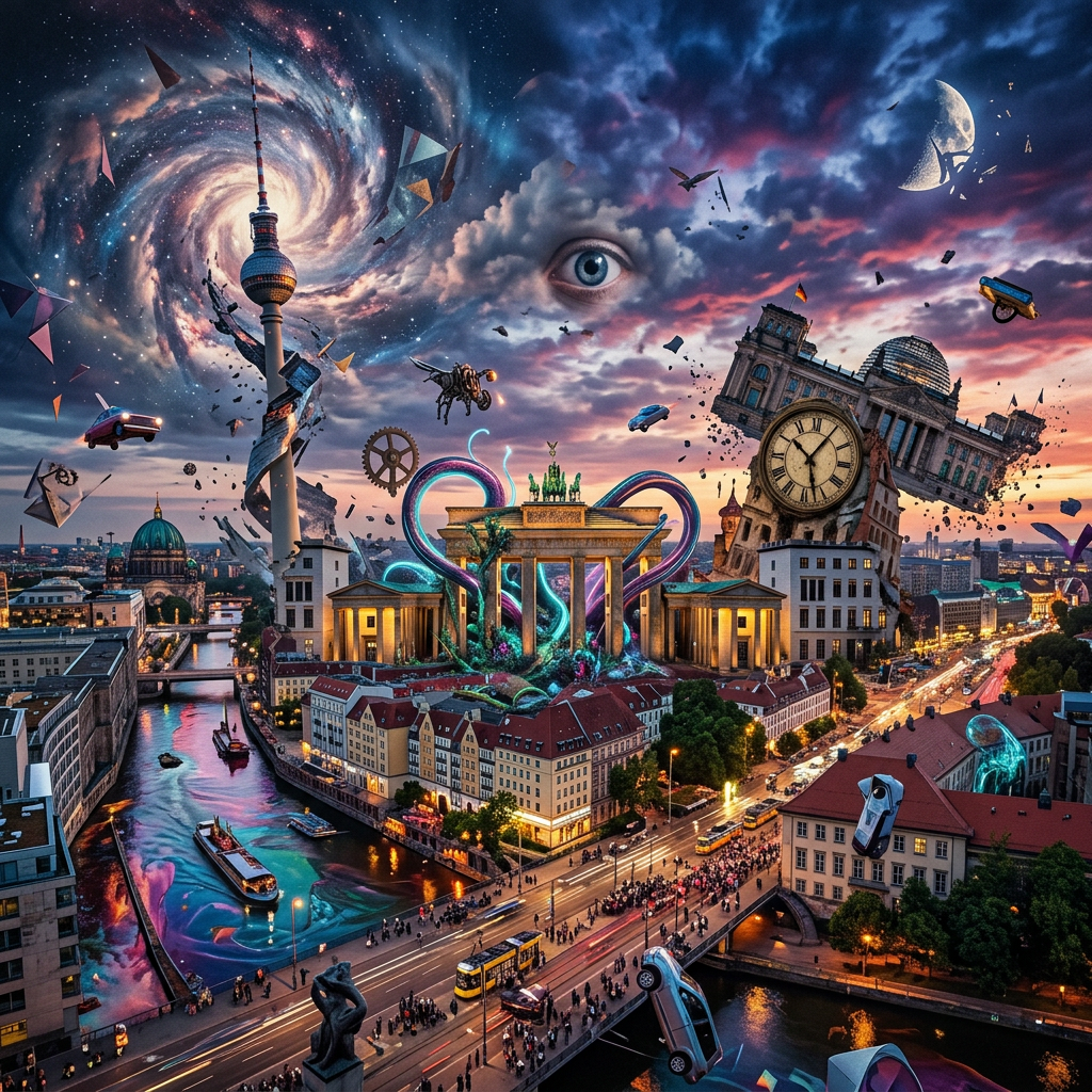 Berlin cityscape with Brandenburger Tor, TV tower, swirling galaxy, floating cars, giant clock, and eye in clouds