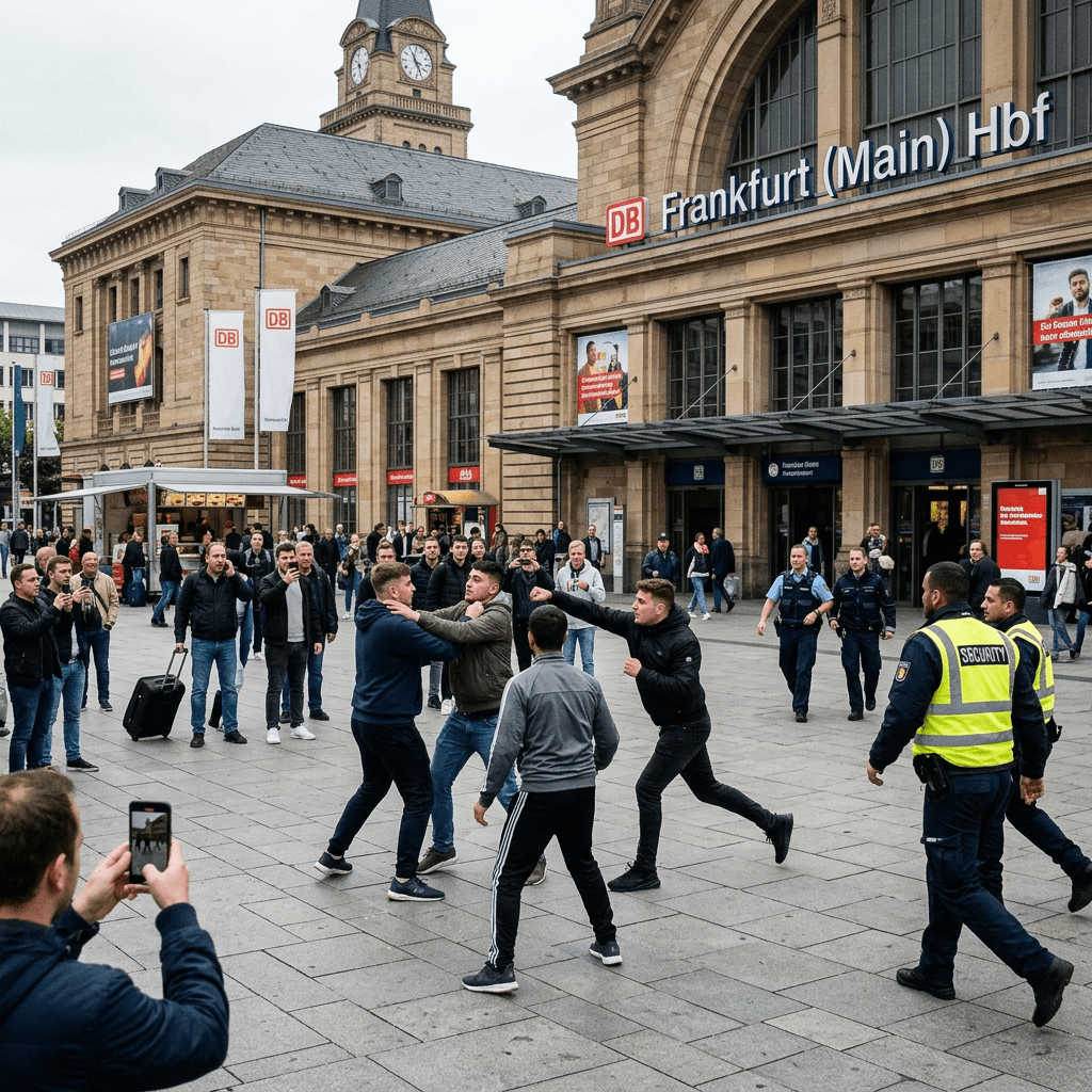 Men fighting outside Frankfurt Main train station with security approaching
