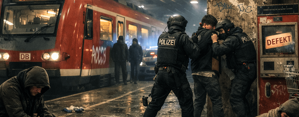 Police officers detain a man against a pillar in a dirty subway station with a bloodied person lying on the ground and a train labeled Berlin Hbf in the background