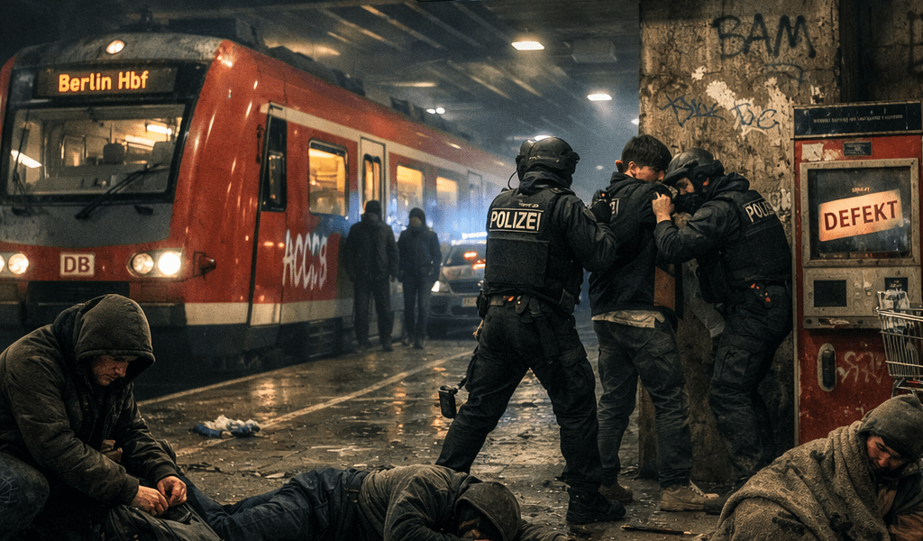Police officers detain a man against a pillar in a dirty subway station with a bloodied person lying on the ground and a train labeled Berlin Hbf in the background
