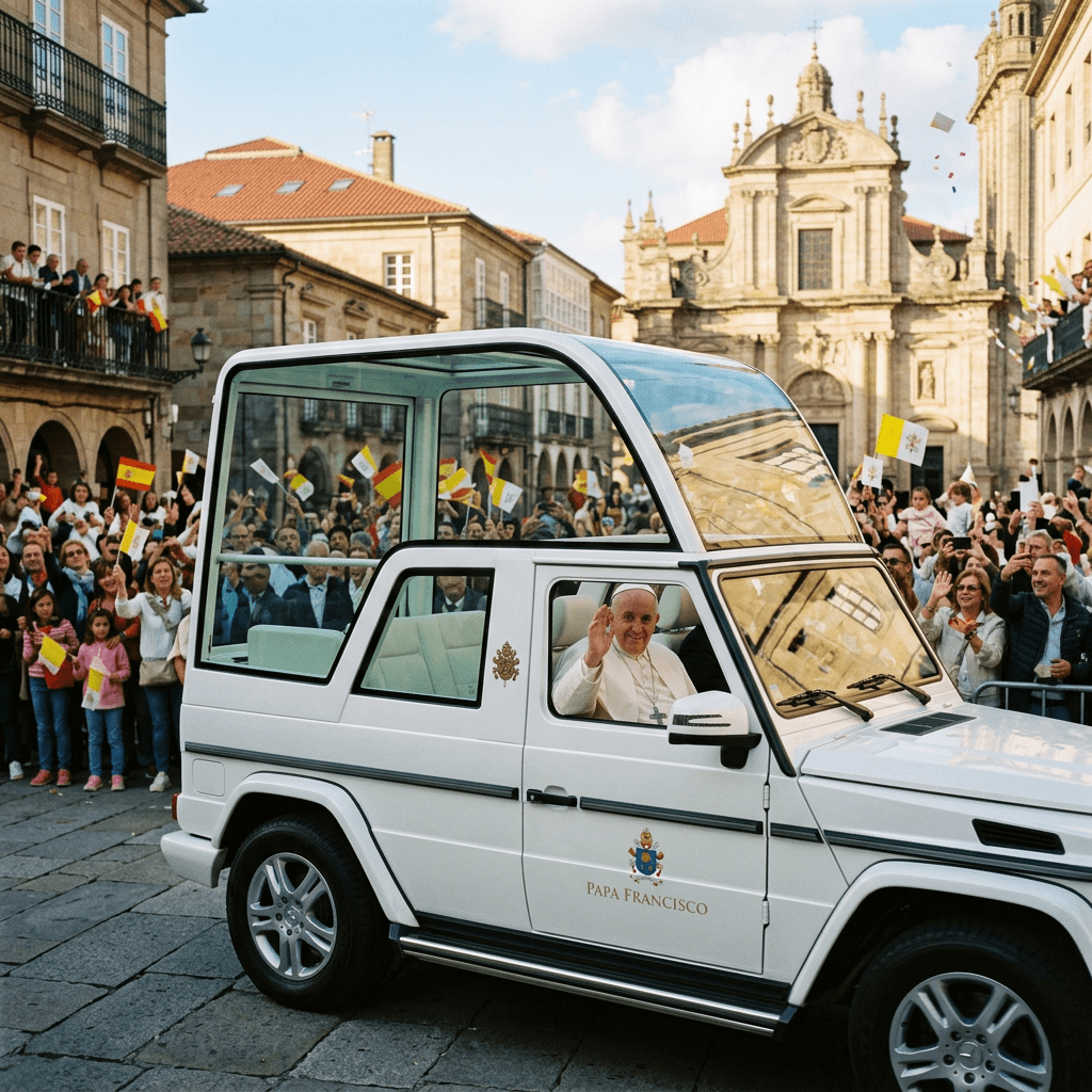 Pope Francis waving from the popemobile surrounded by cheering crowd with flags