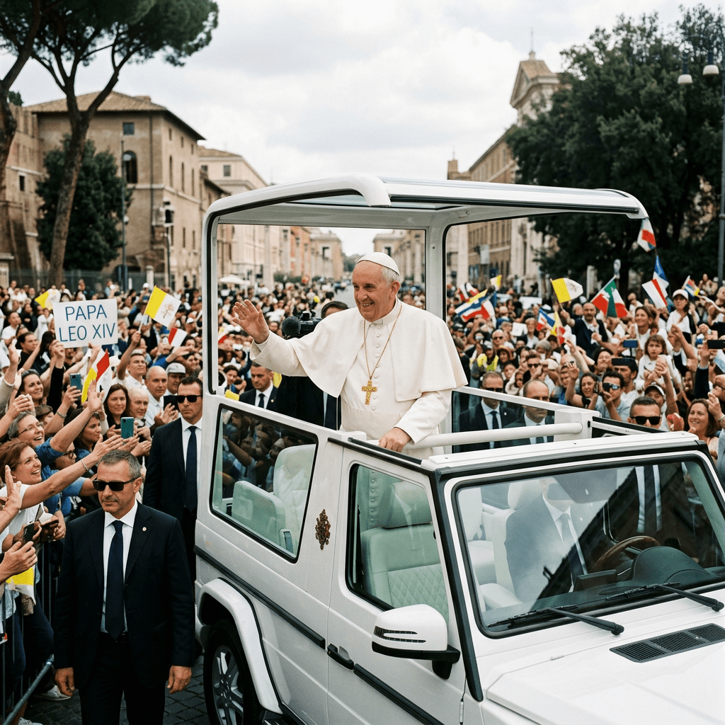 Pope Francis waving from a white popemobile surrounded by a crowd waving flags