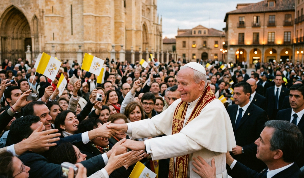 Pope greeting and shaking hands with crowd holding Vatican flags outdoors