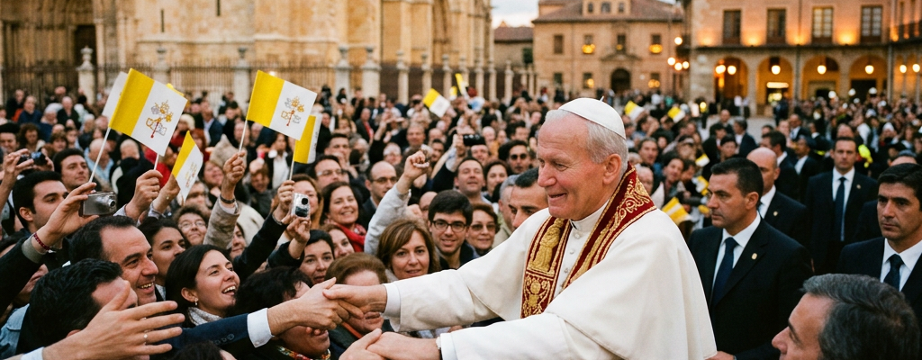 Pope greeting and shaking hands with crowd holding Vatican flags outdoors