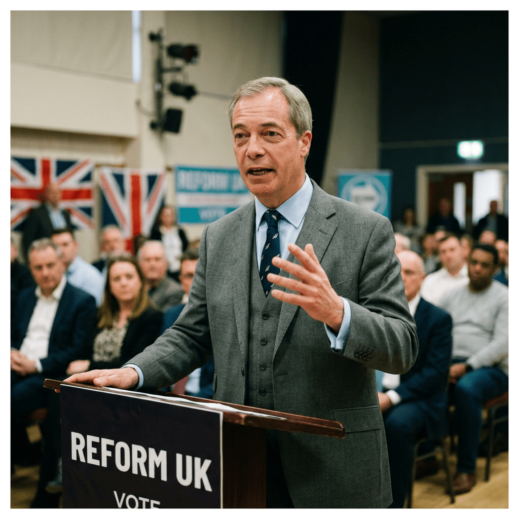 Man speaking at podium with Reform UK sign and Union Jack flags in background